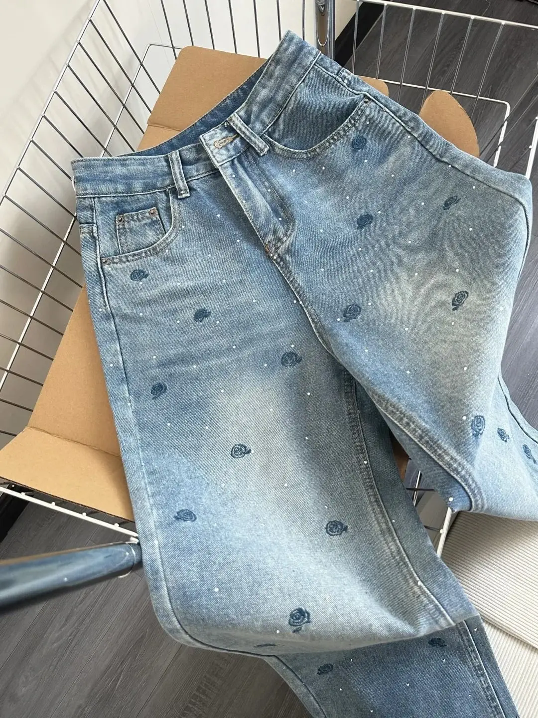 

new spring autumn plus size brand female woemn girls Embroidery high street straight jeans