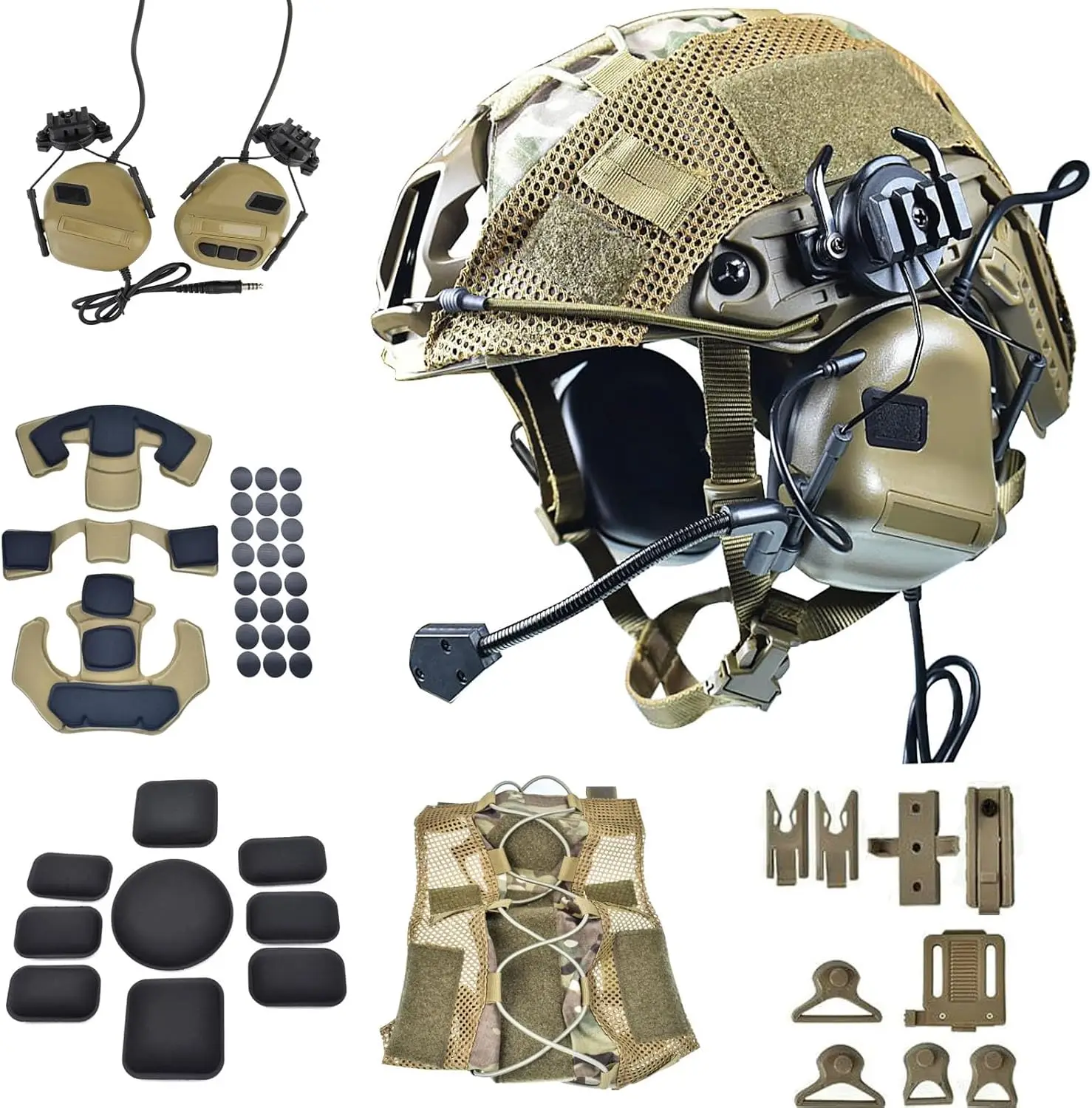 

Tactical Helmet Set with Headset and Cover Adjustable M/L