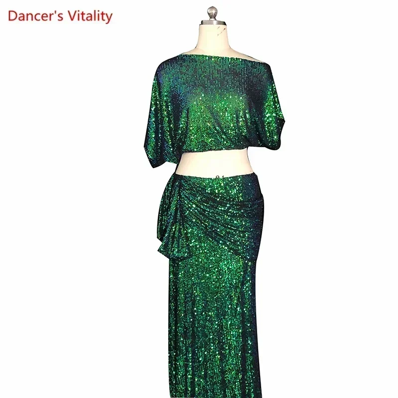 Belly Dance Performance Costume Dress Customzied Short Sleeves Top+bling Bling Long Skirt 2pcs for Women Bellydancing Wear