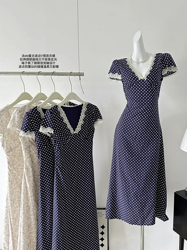 

Summer Polka Dot Lace V-neck Long Dress Women Short Sleeve Maxi Frock Evening Party Robe One-Piece Vintage French Vintage Chic