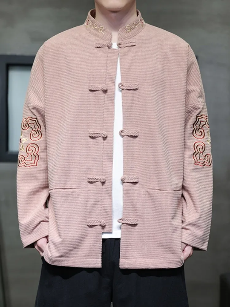 

New Chinese Sle Men's Embroidered irt Stand Collar Tang Costume Modified Hanfu Single Button Windproof Long Sve Jaet