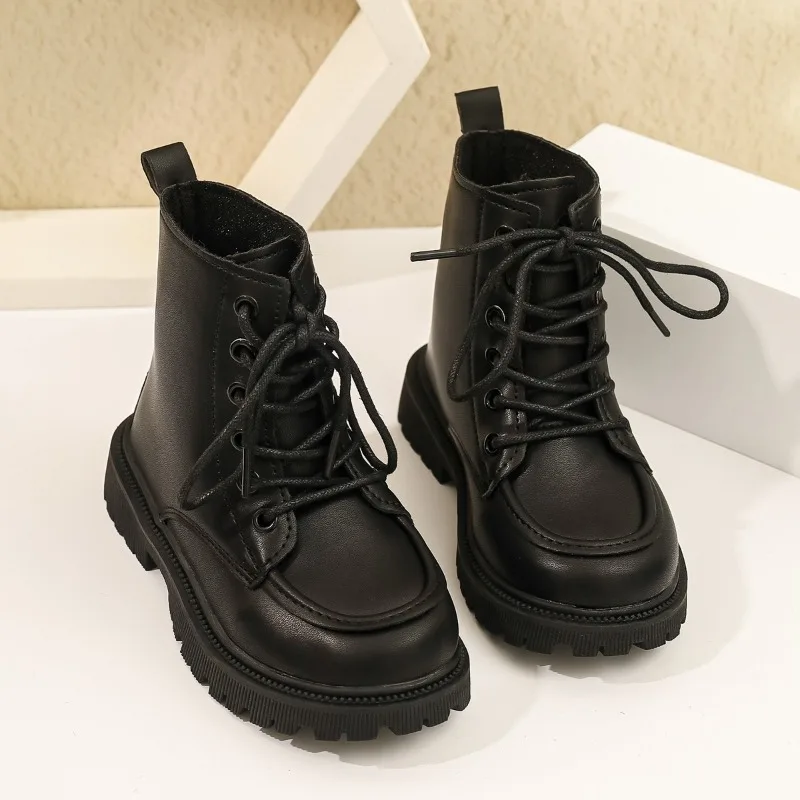 Children Short Boots Black Versatile Kids Ankle Boots Round Toes Soft Sole 2026 Autumn Winter Girls Leather Boots Non-slip