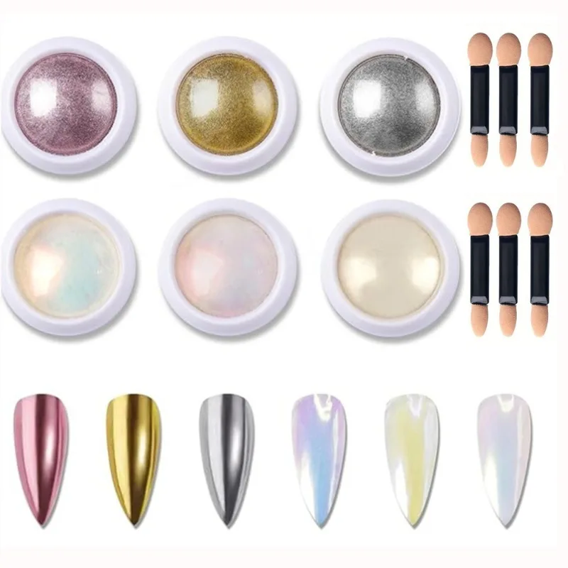 

6-Color New Nail Art Mirror Powder - Metallic Gold Silver Aurora Pigment, Neon Shimmer Dust for Water Ripple Nail Design DIY
