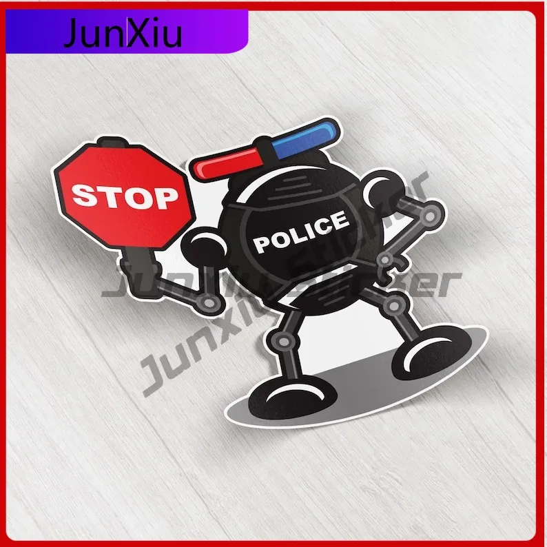 

Funny Cartoon Policeman Robot Stop Sign Vinyl Car Sticker Laptop Rv Camper Windows Bumper Decal Exterior Car Decoration Guitar