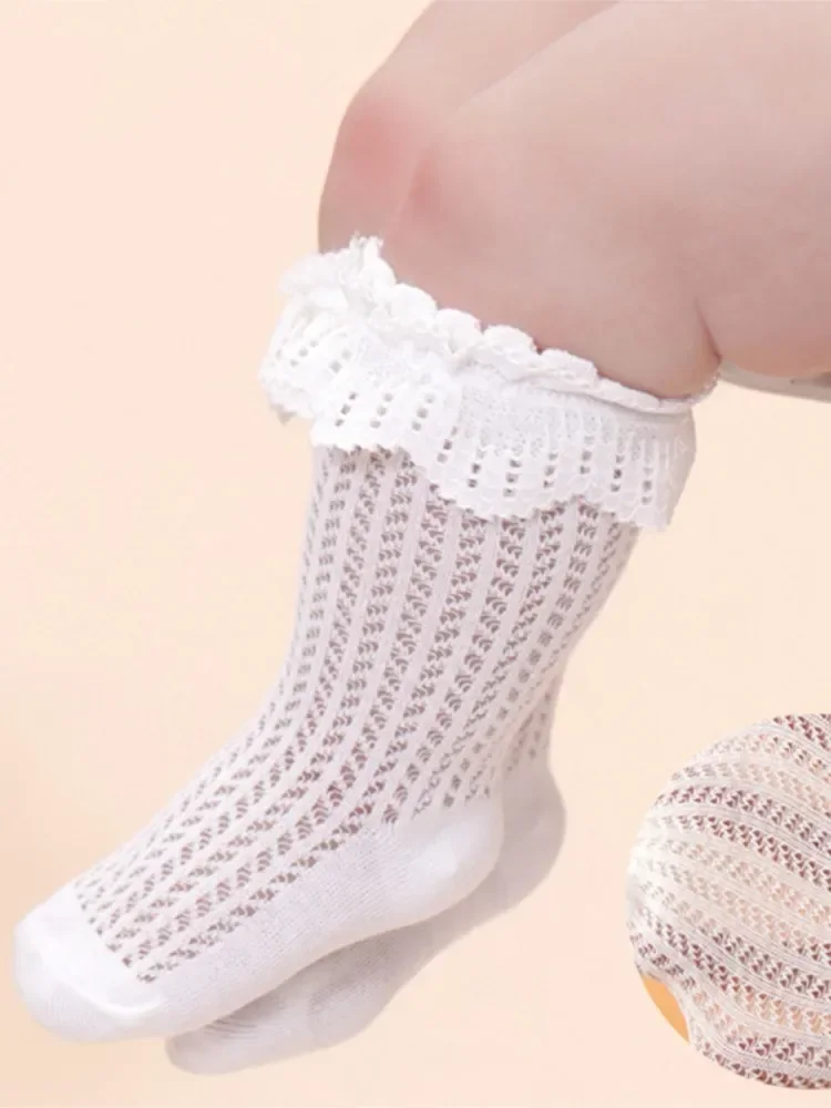 Bas d'été en dentelle à volants pour bébé, chaussettes hautes en maille respirante pour fille, chaussettes longues pour nouveau-né de 0 à 3 ans, chaussettes fines pour enfants