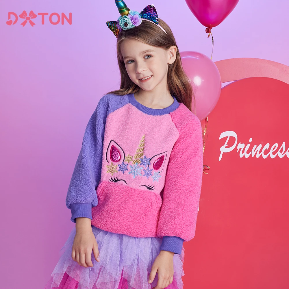 DXTON Children Warm Tops Polar Fleece Toddlers Sweatshirts with Pocket Contrast Color Cartoon Girls Casual Outerwear Clothing