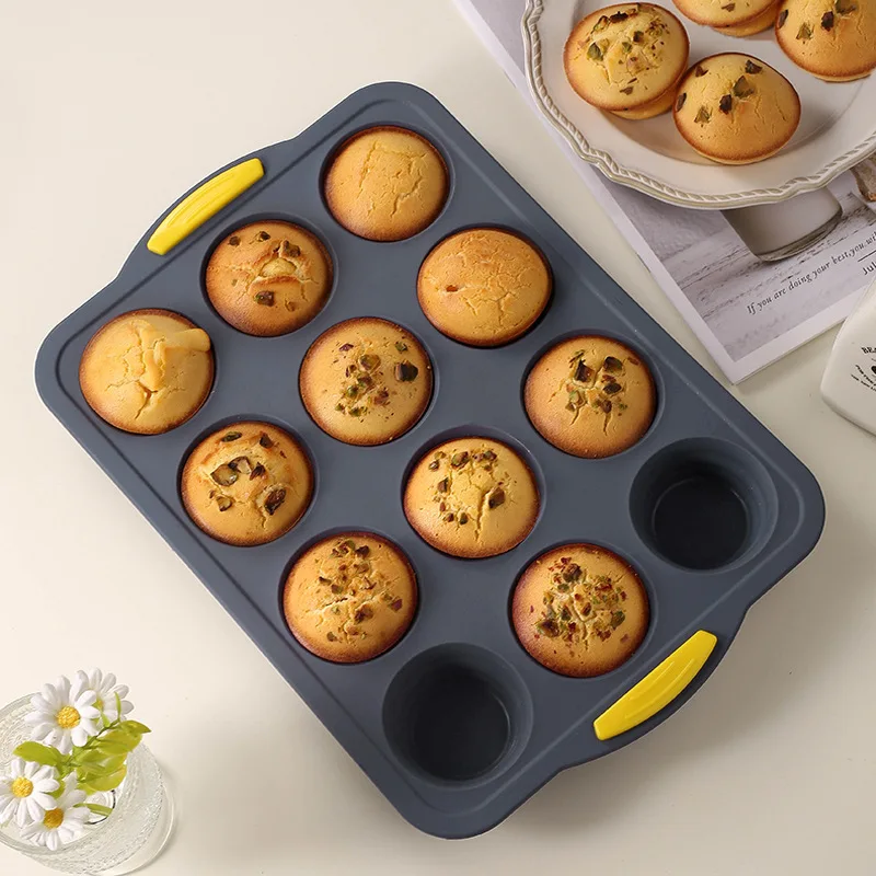 

Framed Silicone Muffin Cup Mold 12-connected Round Cake Baking Tray Oven Baking Mold Pudding Jelly Mold