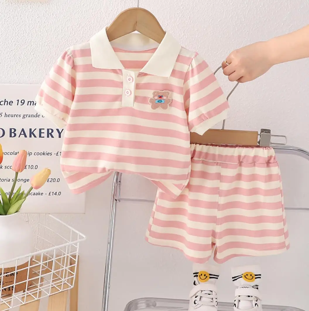 

Summer Baby Girls Clothes Set Outfits Korean Style Kids Striped Lapel Collar Casual T-shirt+Shorts Tracksuits Children Sportwear