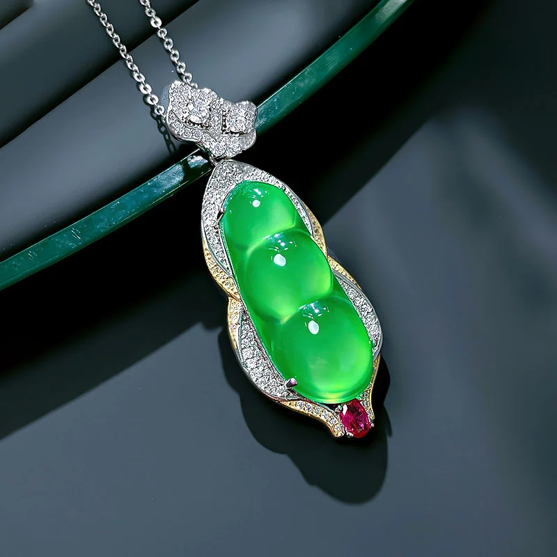 

Fashionable Chinese style green jade pulp lucky bean pendant 925 sterling silver inlaid with high carbon diamond wedding jewelry