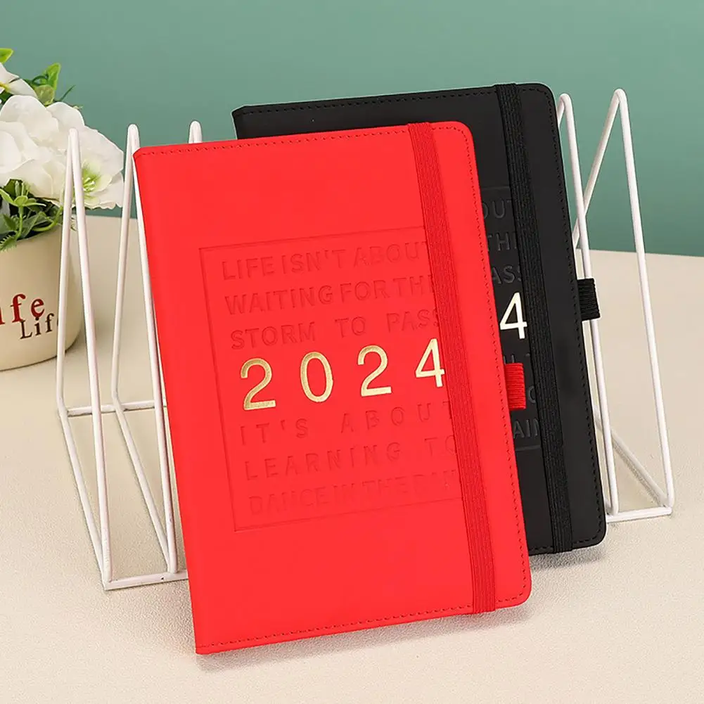 플랫 노트북 어젠다 노트북 2024 플래너, 인조 가죽 커버, 월별 주간 어젠다, 달력 포켓