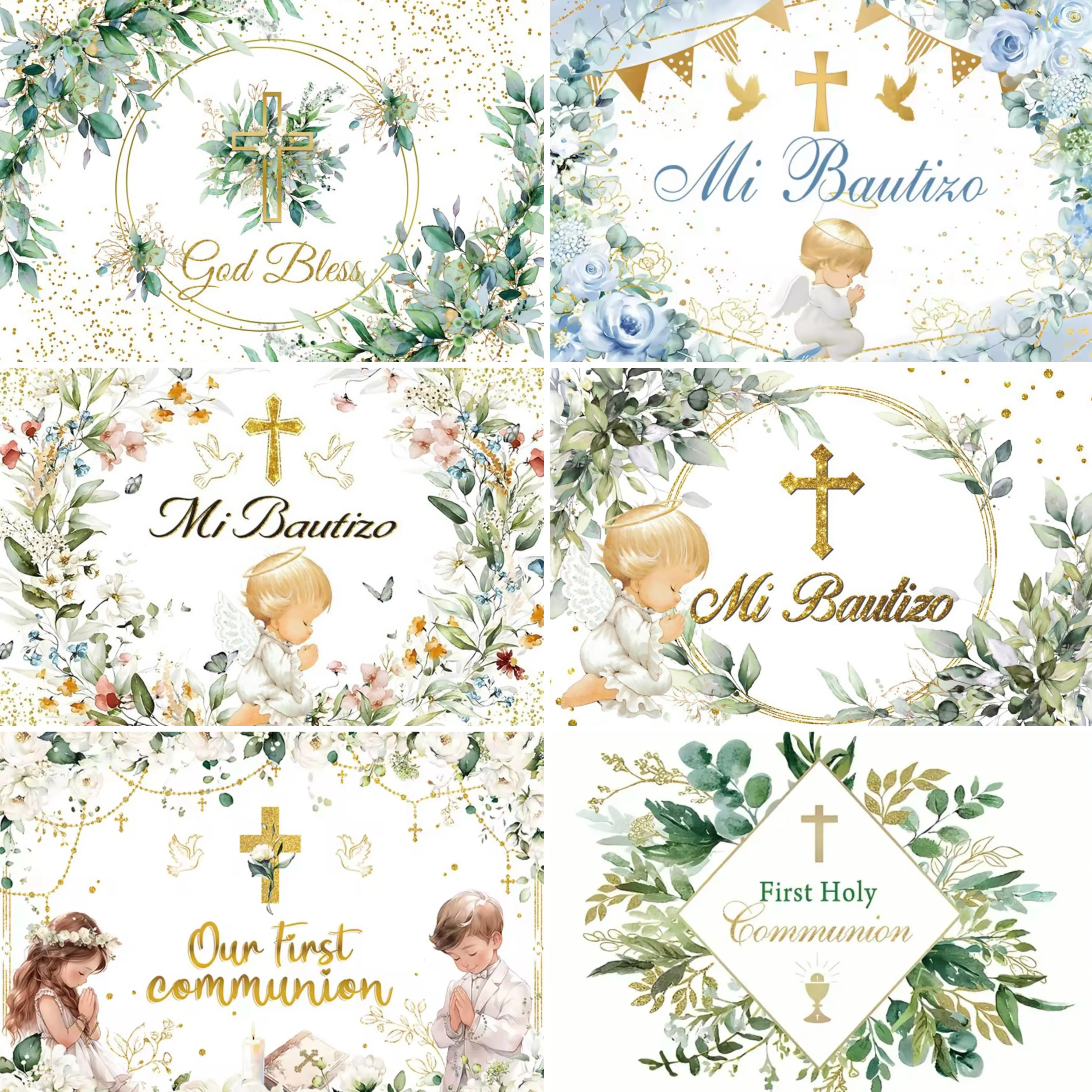 

God bless my first communion Theme Backdrop Baptism Christ Baptism Cross Holy Grail Golden glitter poster backdrop