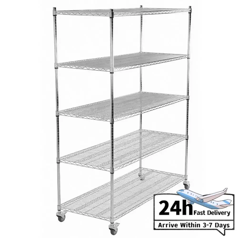 

5-Tier Stainless Steel Adjustable Metal Shelving Rack with Wheels Heavy Duty Commercial Shelving Unit for Kitchen Pantry Garage