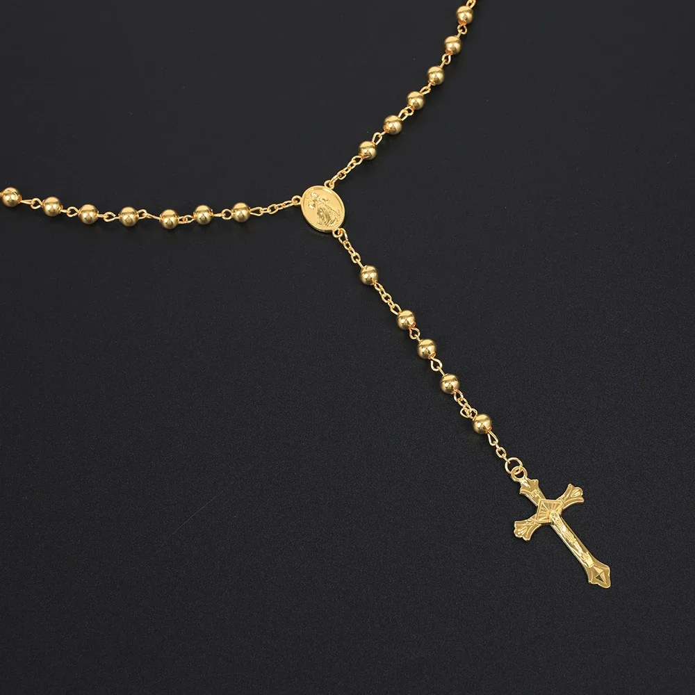 Gold Color Rosary Necklace For Women Men Long 6MM Beads Chain Crucifix Cross Pendant Religious Prayer Party Jewelry Gift image 3