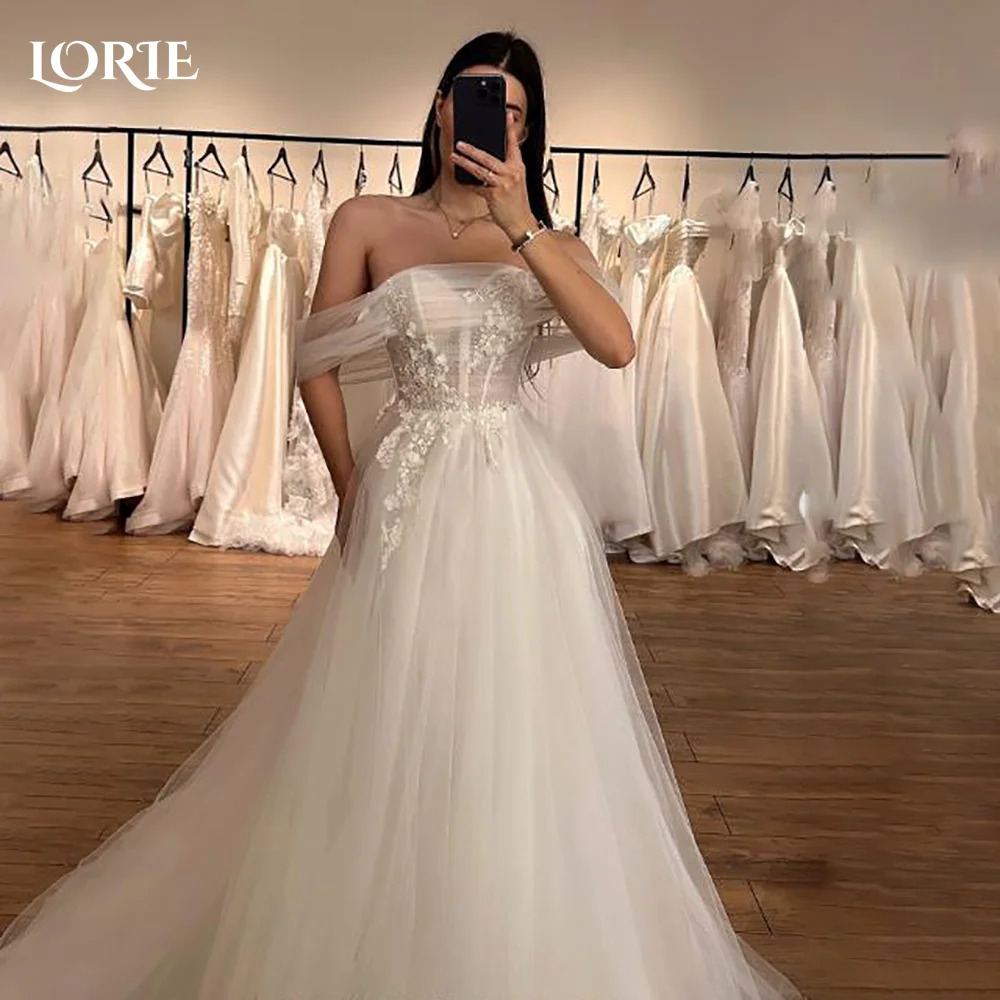 

LORIE Vintage 3D Flower Wedding Dresses Lace Off Shoulder Illusion A-Line Ivory Ball Bridal Gown Princess Bride Dress Customized