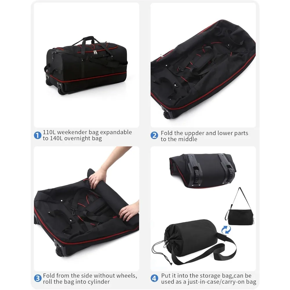 32 حقيبة سفر ذات عجلات ناعمة قابلة للطي، حقيبة شحن دوارة قابلة للتوسيع من 110 لتر إلى 140 لتر مع عجلتين وجيوب متعددة1 (