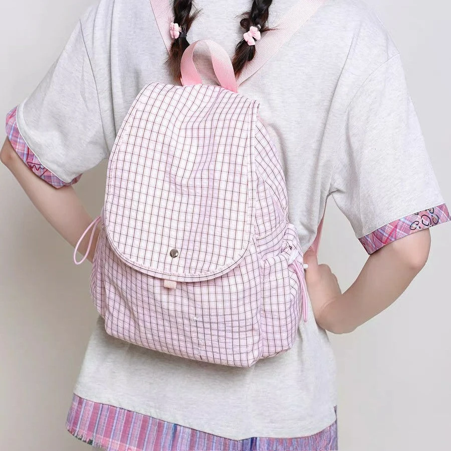 

2025 Checkered Backpack Sweet Schoolbag Female College Student Plaid Canvas Bag Ins Niche Commuting Travel Backpacks