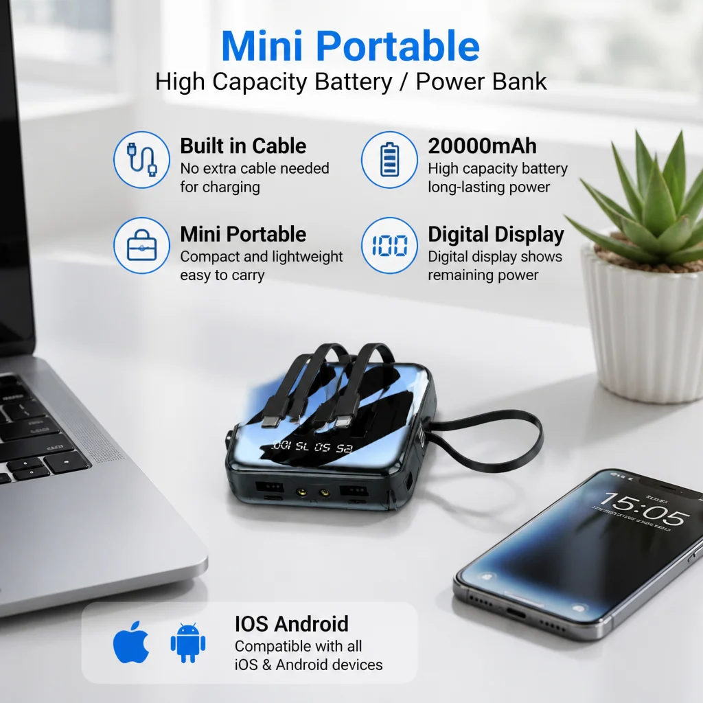 20000mAh Mini Portable Power Bank Built-in Cable Digital Display High Capacity Battery For IOS Android Smart Phone
