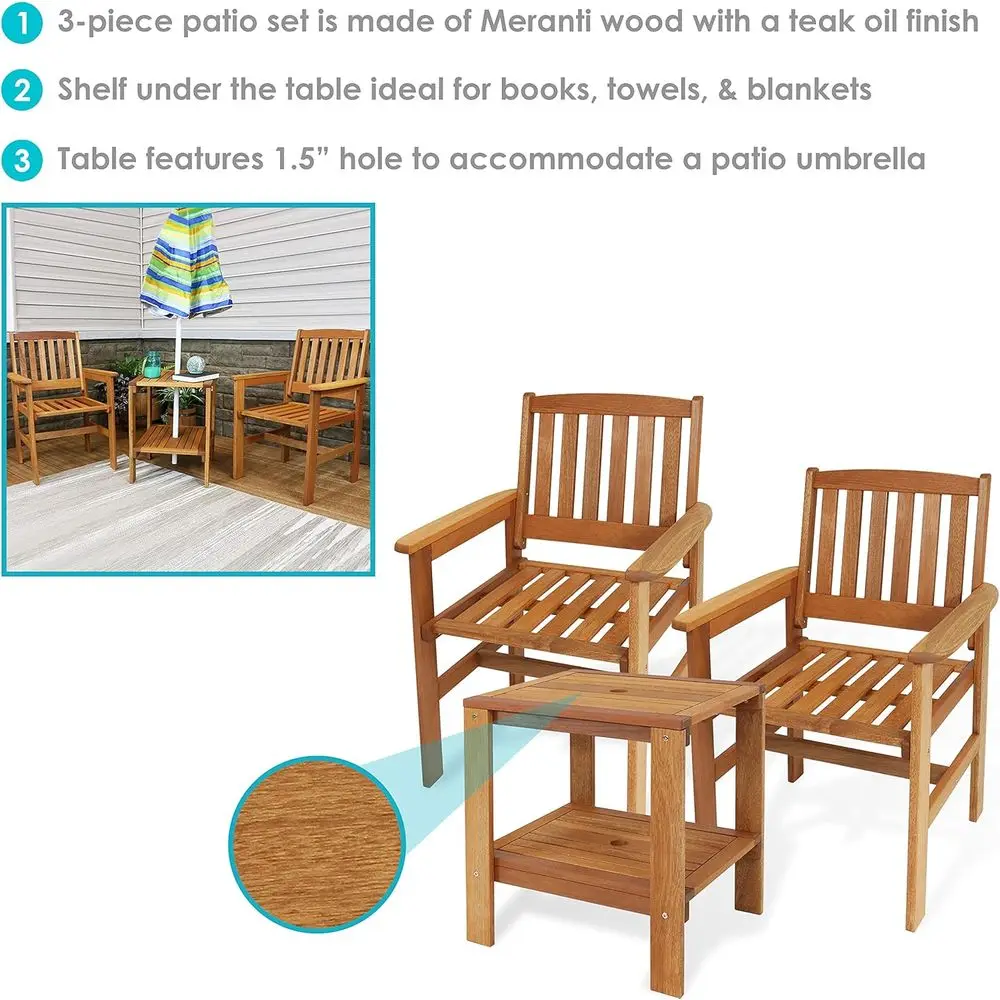3-Piece Outdoor Patio Set - 2 Chairs and 1 Table - Teak Oil Finish