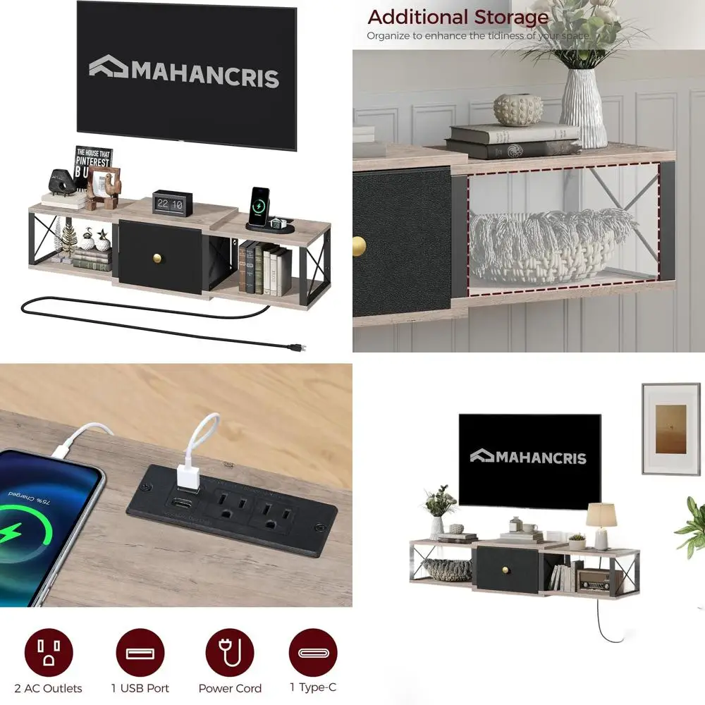 

Wall-Mounted TV Stand with Drawer, Floating Media Console for Under-TV Storage, Suitable for Living Room and Bedroom