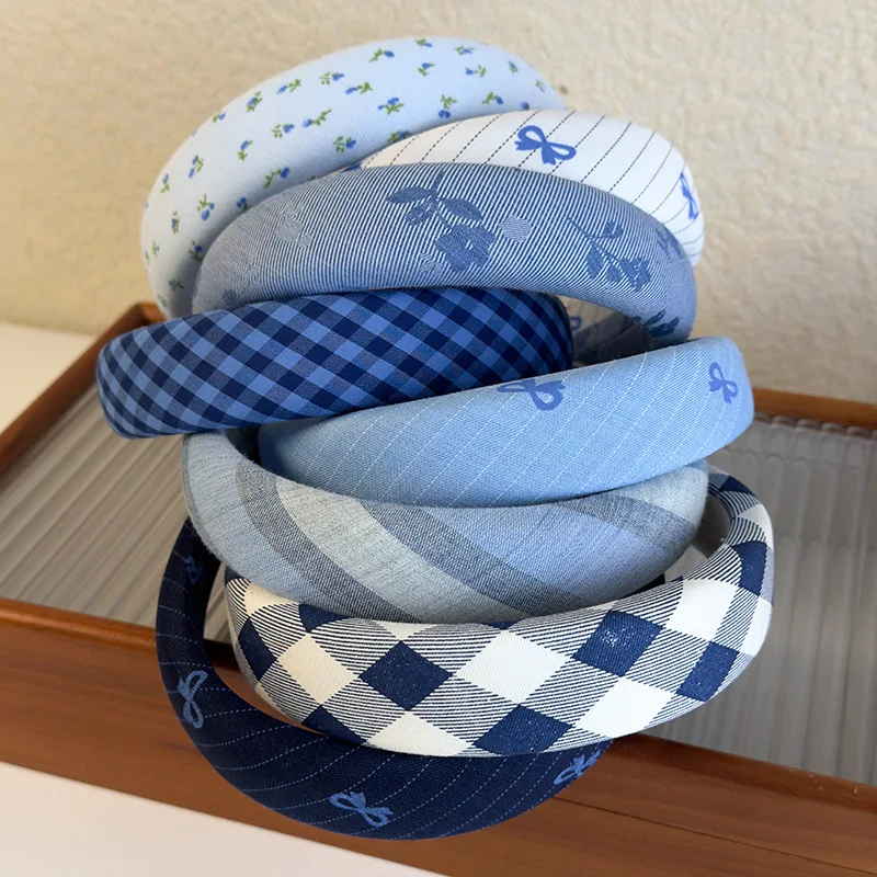 Blue Series Check Bow Headbands Sponge Wide Hair Band for Womans Girls Sweet Hair Hoop Female Fashion Hair Accessories Retro New — zdjęcie 7