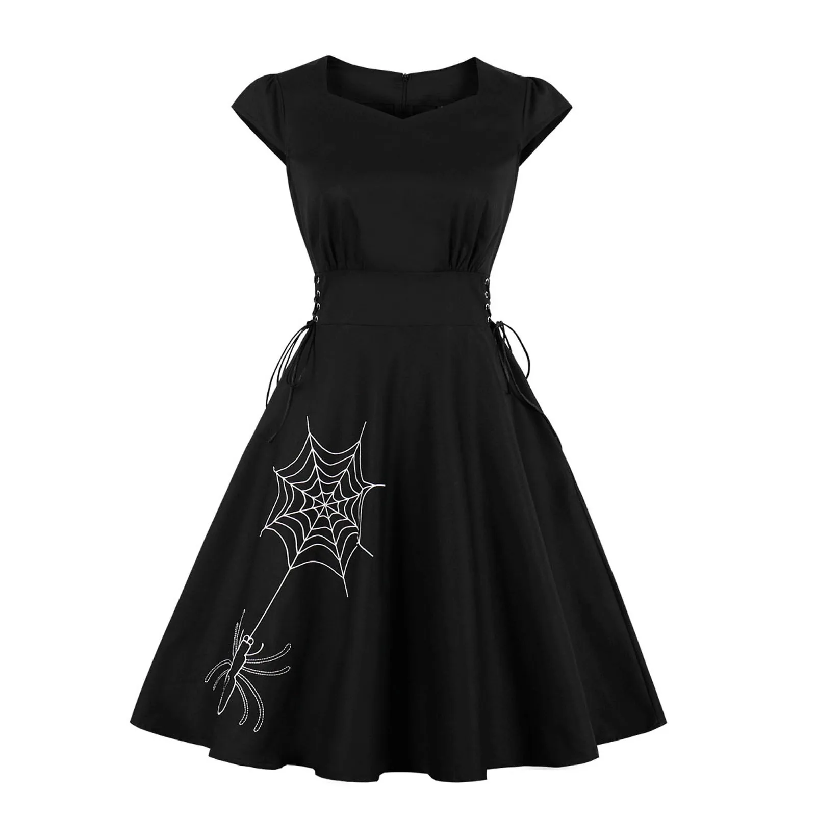 Women Dress Hallowmas Party Spider Print Trim Swagger Skirt Round Collar Retro Dress Women Halloween T Shirt Dress Scary Cloth