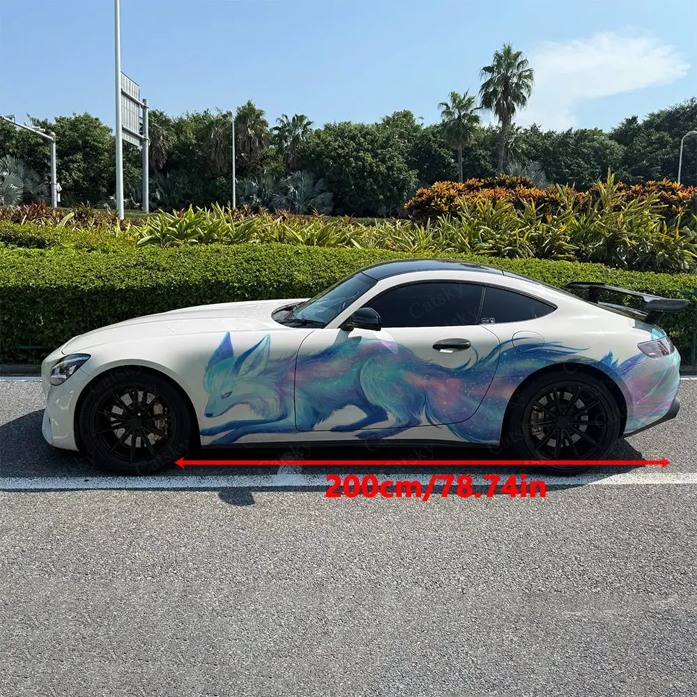 Blue Streamer Nine-tailed Fox Car Side Wraps, Self-Adhesive PVC Waterproof & Scratch-Resistant Stickers, Car Accessory Gift