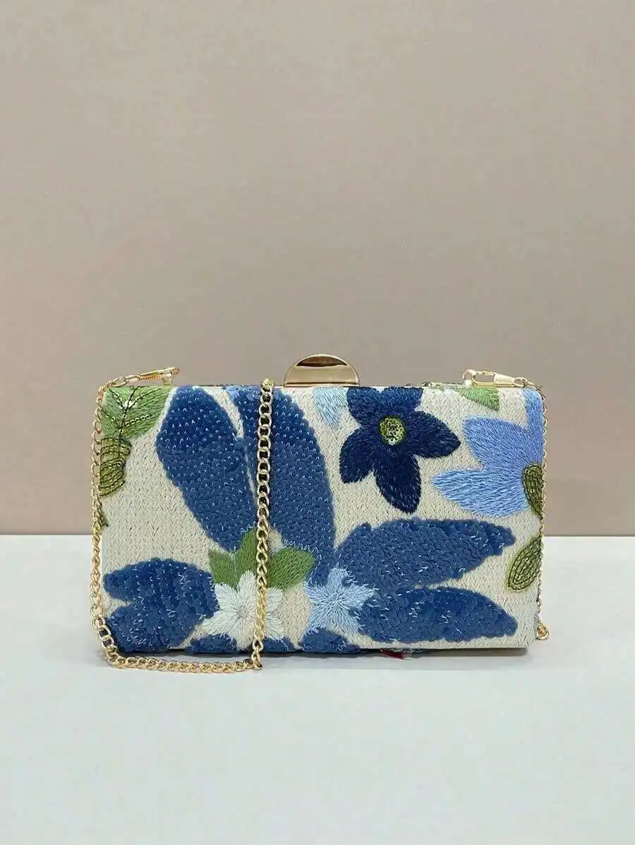 Hand-Embroidered Blue Floral Sequin Clutch With Gold Chain Strap For Evening Events, Wedding, Prom And Cocktail Parties
