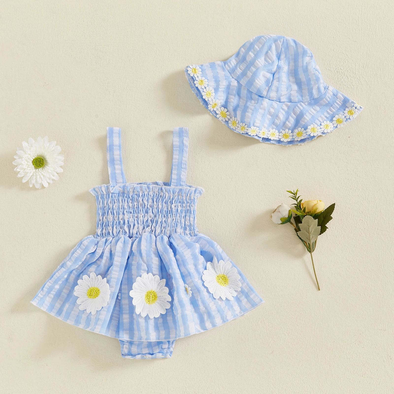 

BeQeuewll Princess Baby Girl Plaid Romper Dress with Hats Summer Sleeveless Floral Embroidery Cami Jumpsuit Newborn Clothes