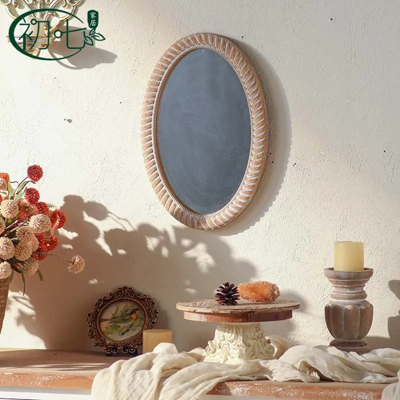 New Chinese retro solid wood frame wall-mounted mirror B & B hotel sink decorative mirror pastoral creative makeup mirror