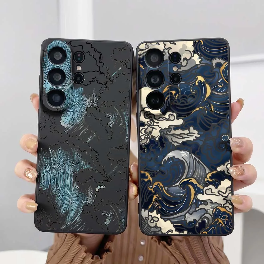 Blue Wave Cloud Phone Case For Samsung Galaxy S26 S25 S24 S23 S22 S21 S20 Pro Edge Ultra Plus FE 5G Black Cover