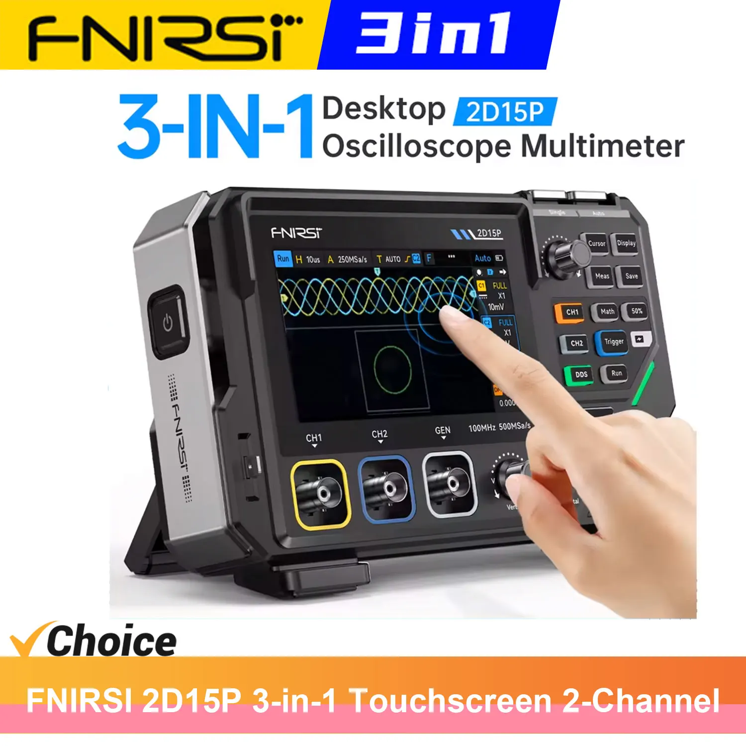 FNIRSI 2D15P Multimètre oscilloscope 3 en 1 avec écran tactile, 2 canaux, bande passante 100 MHz, 500 MSa/s, 20 000 points