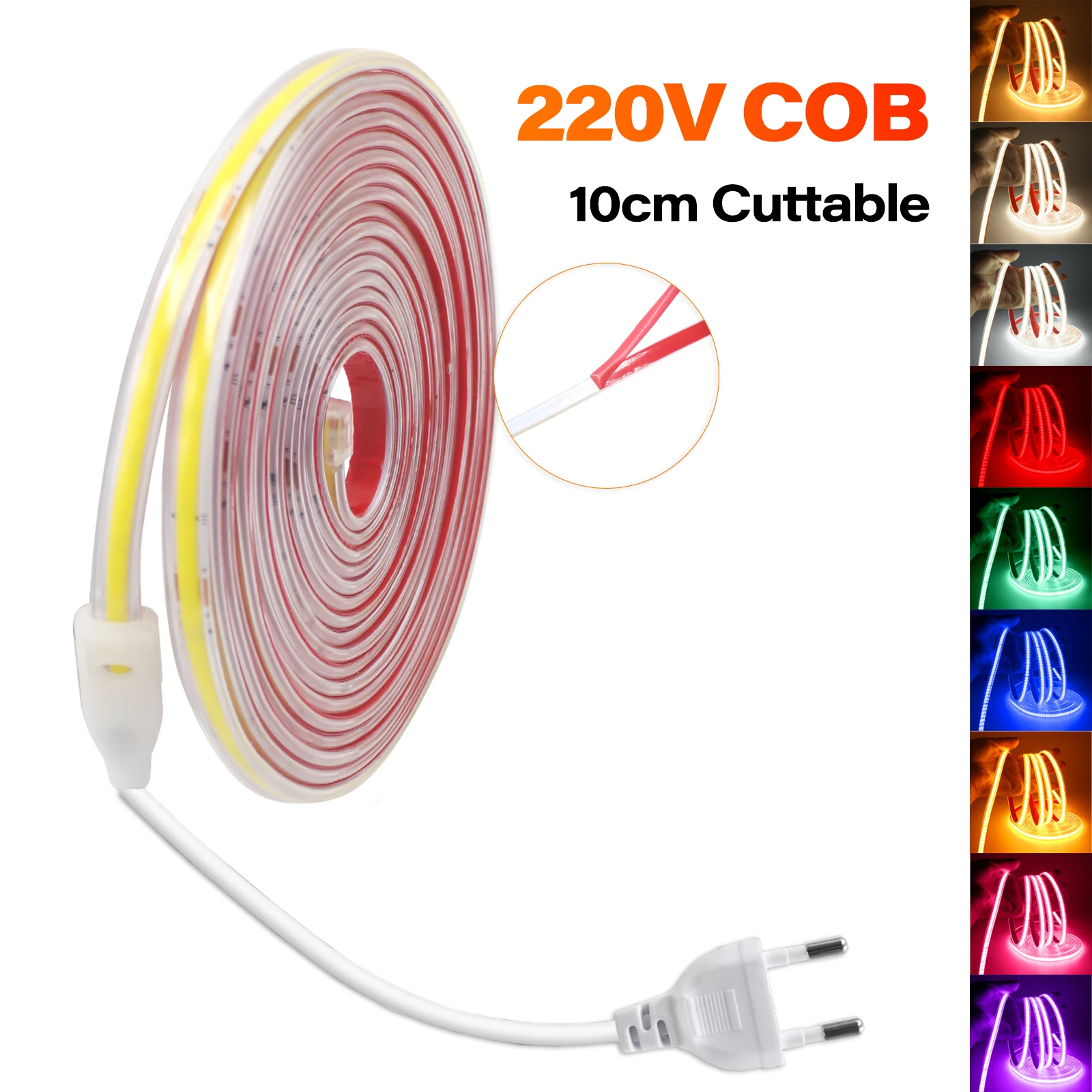 220V COB LED Strip Lights 240 LEDs/m High Brightness Waterproof 10cm Cuttable LED Tape Linear Ribbon for Home Outdoor Lighting