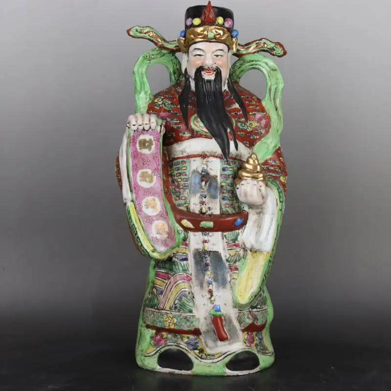 18inch Chinese Republic Era Porcelain Sculpture Famille Rose Wealth God Figurine Handmade Ceramic Antique Collectible