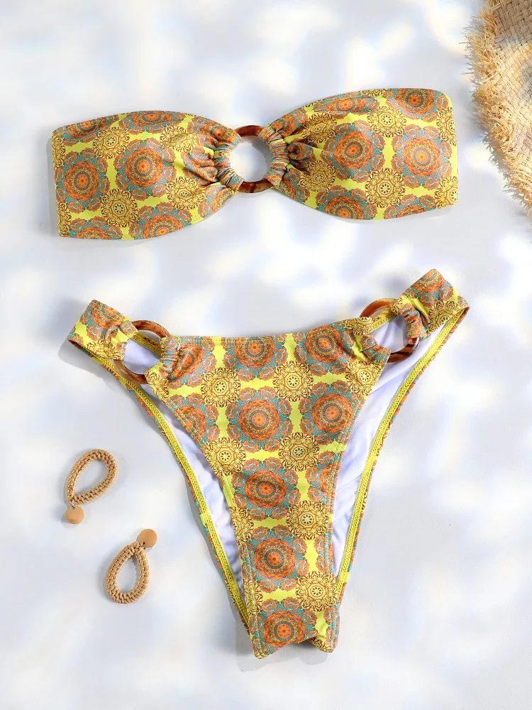 

Бикини-бандо, микро-стринги, купальники с открытыми плечами, женский купальник с кольцом, бразильский купальник 2026, пляжная одежда с драпировкой