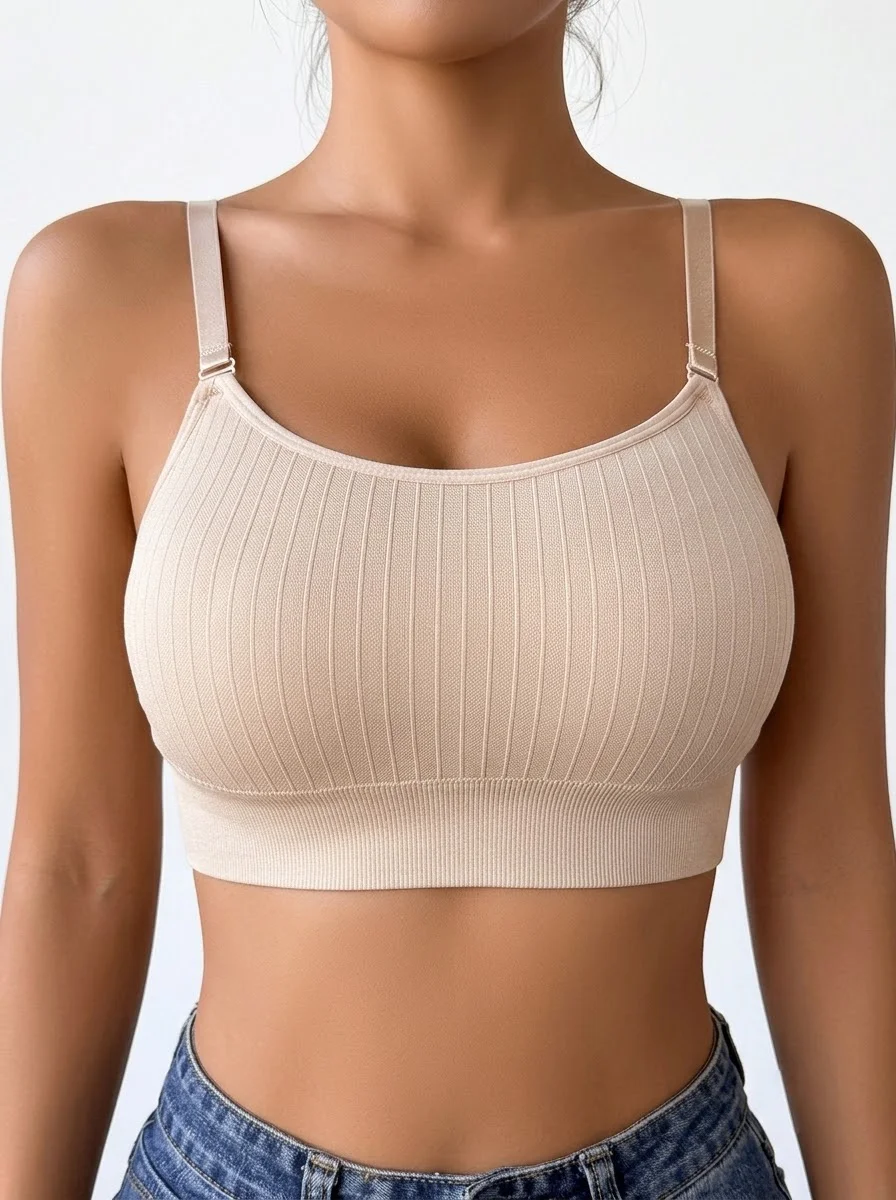 Women Ribbed Seamless Wireless Bra Adjustable Thin Straps Soft Padded Comfort Bralette Daily Underwear