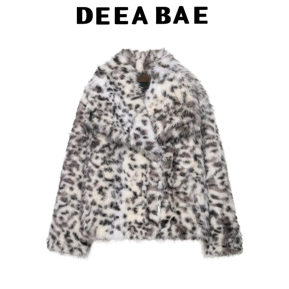 

DEEABAE Autumn new environmentally friendly fur leopard print lapel, stylish and versatile fur one-piece slimming loose jacket