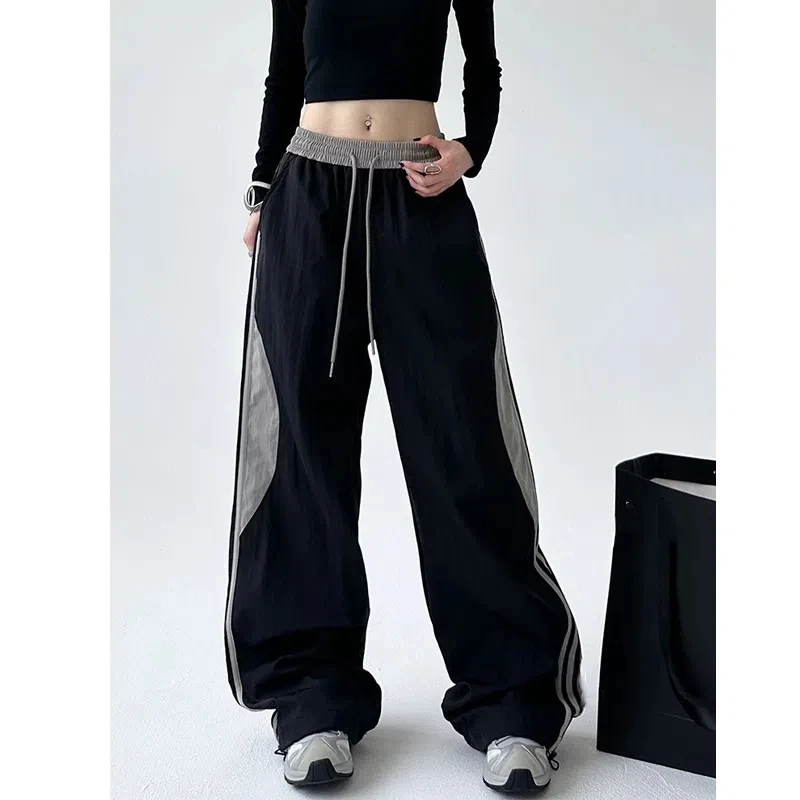 

Patchwork Contrast Wide Leg Pants Spring Autumn Elastic Waist Loose Striped Fashion Sports Pants Vintage Casual Women Clothing