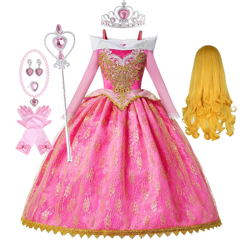 Girls Sleeping Beauty Auroro Princess Halloween Cosplay Dress Off Shoulder Kids Gift Fancy Party Princess Clothing