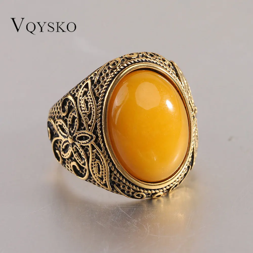

22mm Stainless Steel Men Rings Wholesale Vintage Pattern Personalized Fashion Retro Natural Stone Ring For Women Men Jewelry