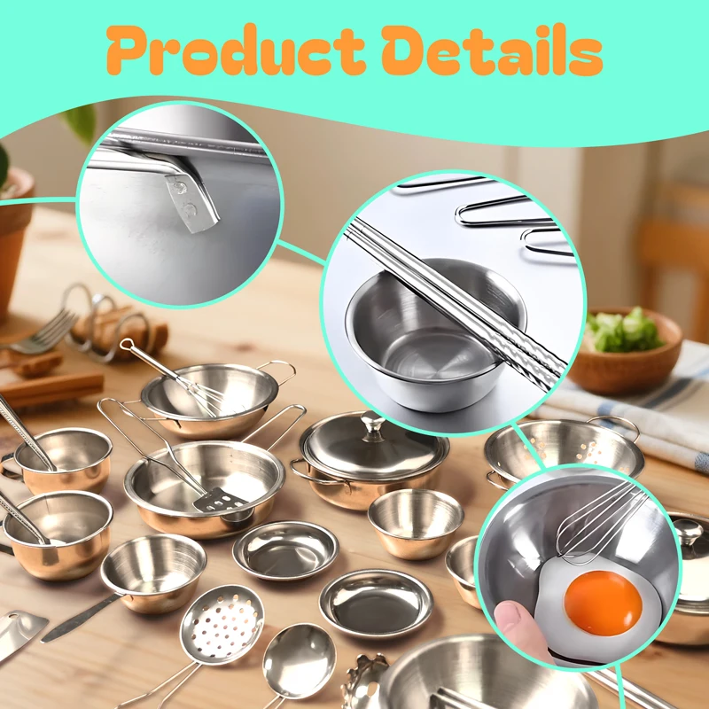 25PCS 스테인레스 스틸 주방 Playset 어린이 요리기구 주방 역할 놀이 교육 장난감 어린이를위한 소녀 소년 선물