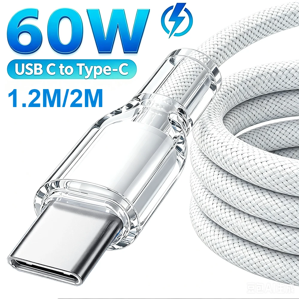 USB C Crystal Cable USB Type C Cable PD 60W Fast Charger Cord USBC to Type-C Cable for iPhone 17 Samsung MacBook iPad Xiaomi