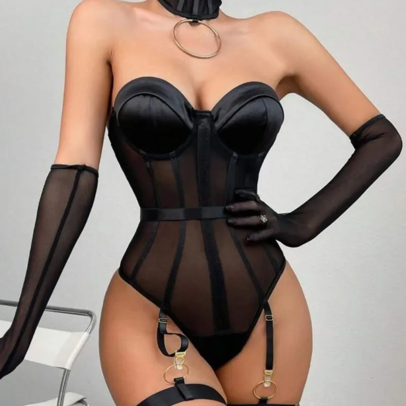 

Сексуальное прозрачное сетчатое боди с подвязками, перчатки, колье с открытой спиной, корректирующее фигуру, эротическое белье для женщин, сексуальные наряды