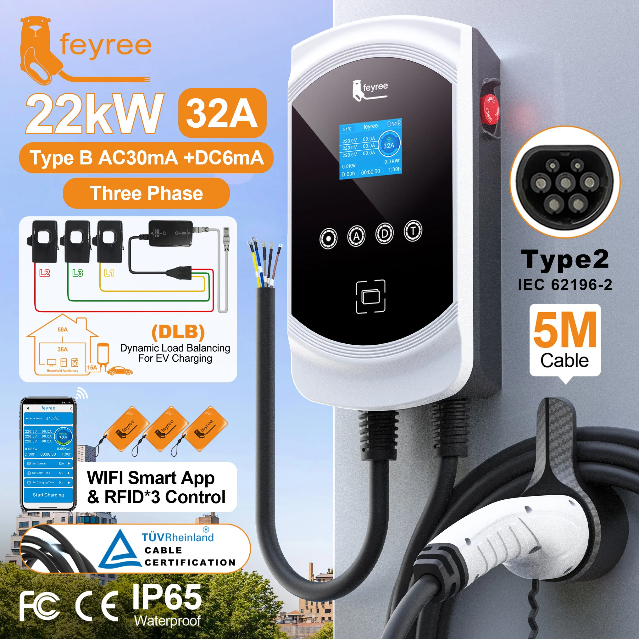 Feyree EV Charger Type2 32A 7.6kW 1P Dynamic Load Balancing Model 11kW 22kW 3P EVSE Wallbox Smart WIFI APP Function for EV Cars