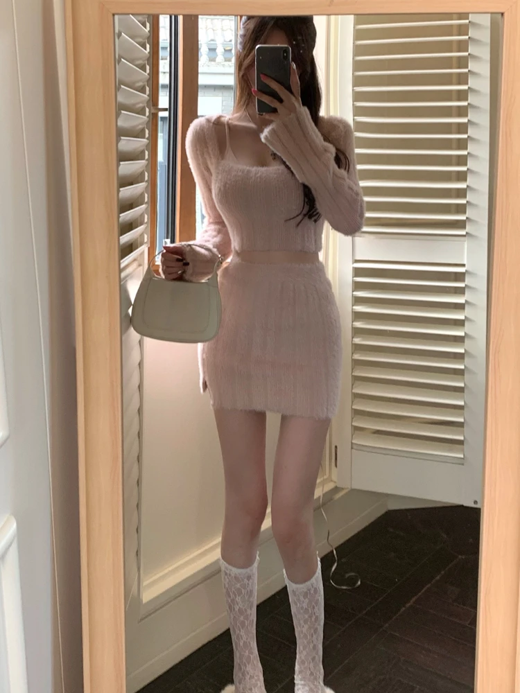 Autumn Sweater Knitted Suits Female Elegant 2 Piece Skirt Sets Korean Fashion Even Party Y2k Mini Dress Office Lady Short Skirts