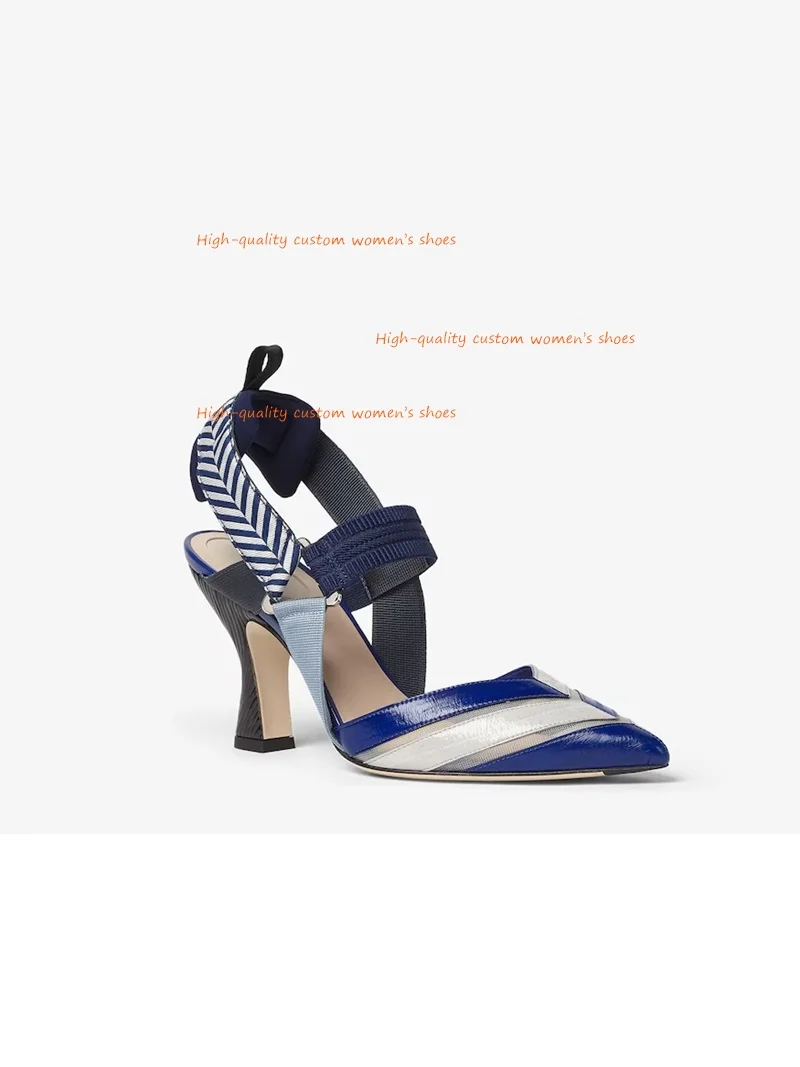 Mesh And Leather Patchwork Style Women's Sandals Elastic Band Closure Pointed Horseshoe Heel Shallow Rear Luxury High Heels