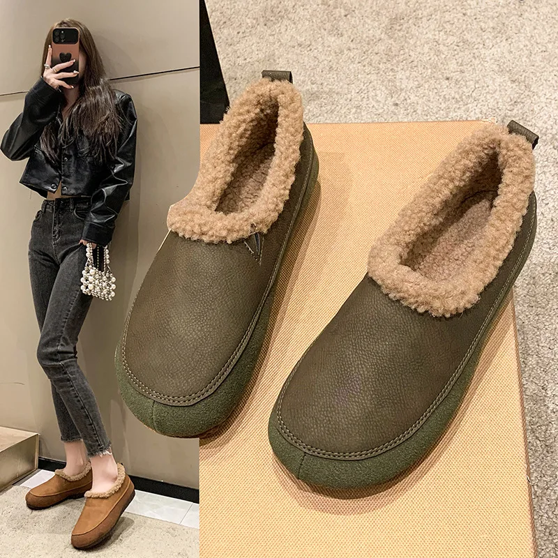 Flats Women Casual Cotton Shoes Winter Short Plush Warm Solid Loafers Shoes 2024 New Walking Snow Boots Femme Slip on Mocasines