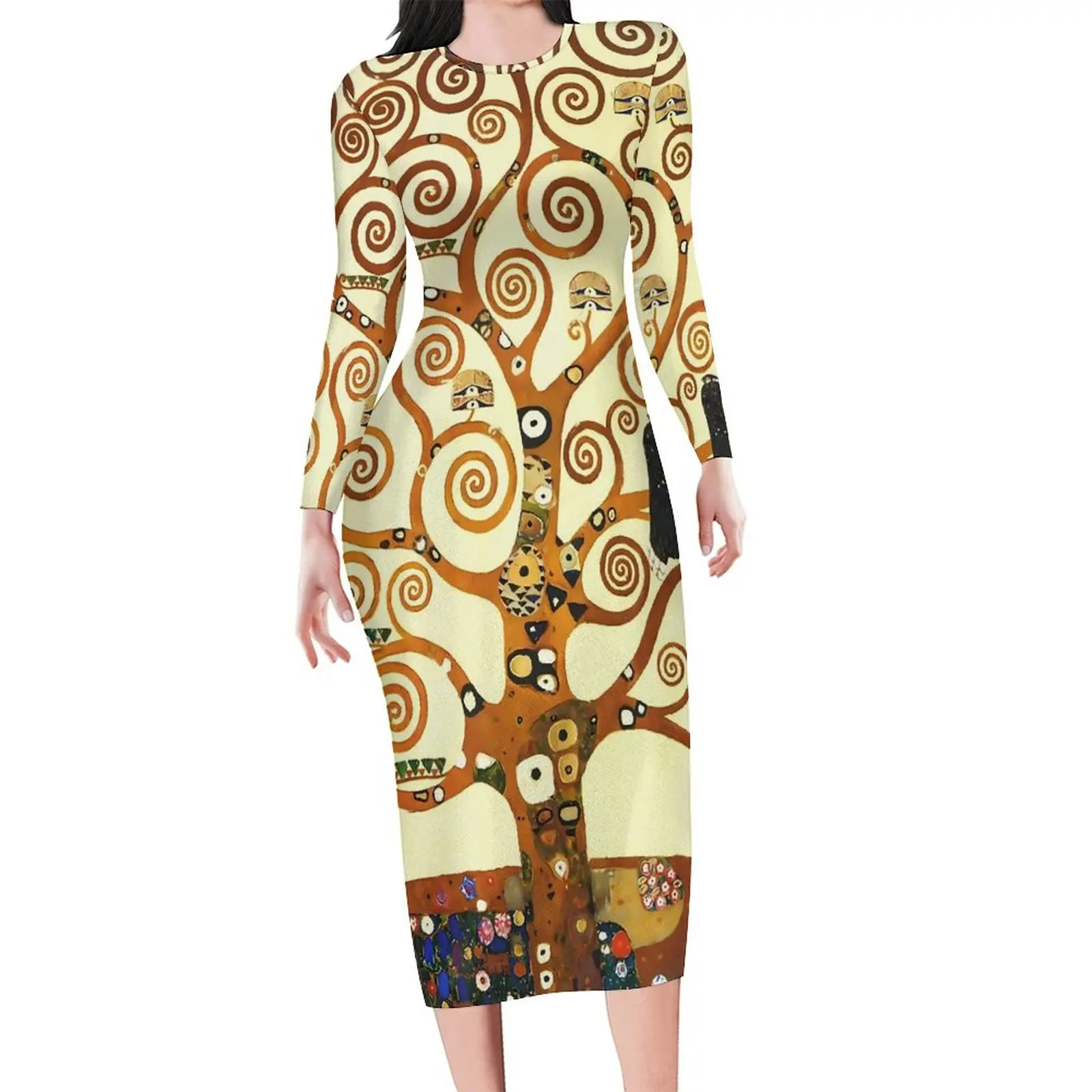 Gustav Klimt Art Bodycon Dress Women The Tree of Life Pretty Dresses Spring Long Sleeve Aesthetic Custom Dress Large Size