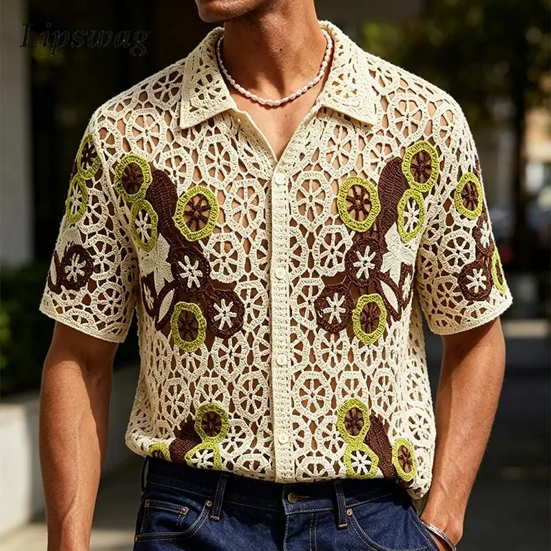 

Spring Summer Seaside Beach Casual Shirts Mens Vintage Embroidery Knitting Hollow Out Shirt Stylish Buttoned Lapel Cardigan Tops