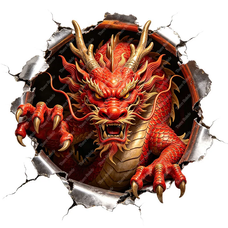 Three Ratels CAB72 fierce red dragon Hole breaking stickers for home decoration wall stickers Car decals