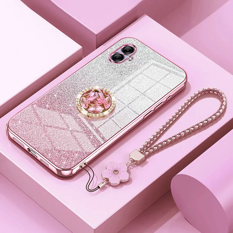 A04E Luxury Glitter Case with Ring For Samsung galaxy A04E A04s A02 A13 A03 A03s Cover with Lanyard Shockproof Holder Case A04 E